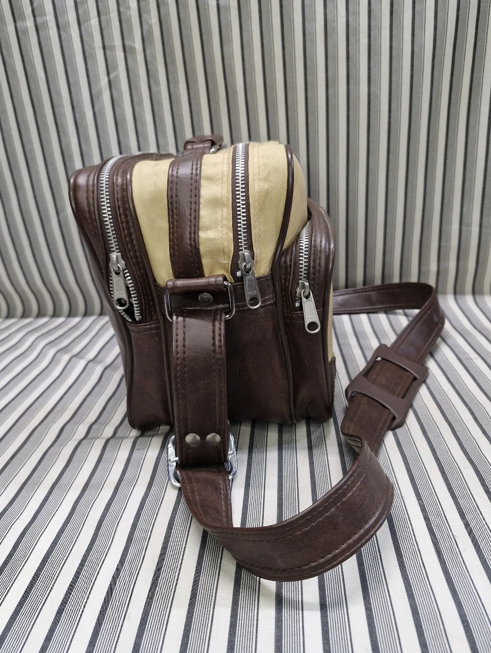 Vintage Camera Bag Canvas & Brown Leather Crossbody Multi Pocket